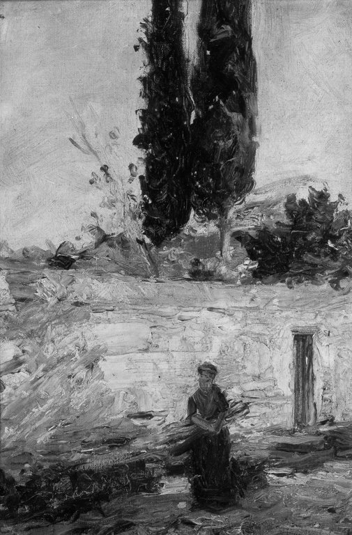 paesaggio con figura (dipinto, opera isolata) di Trentini Guido (sec. XX)