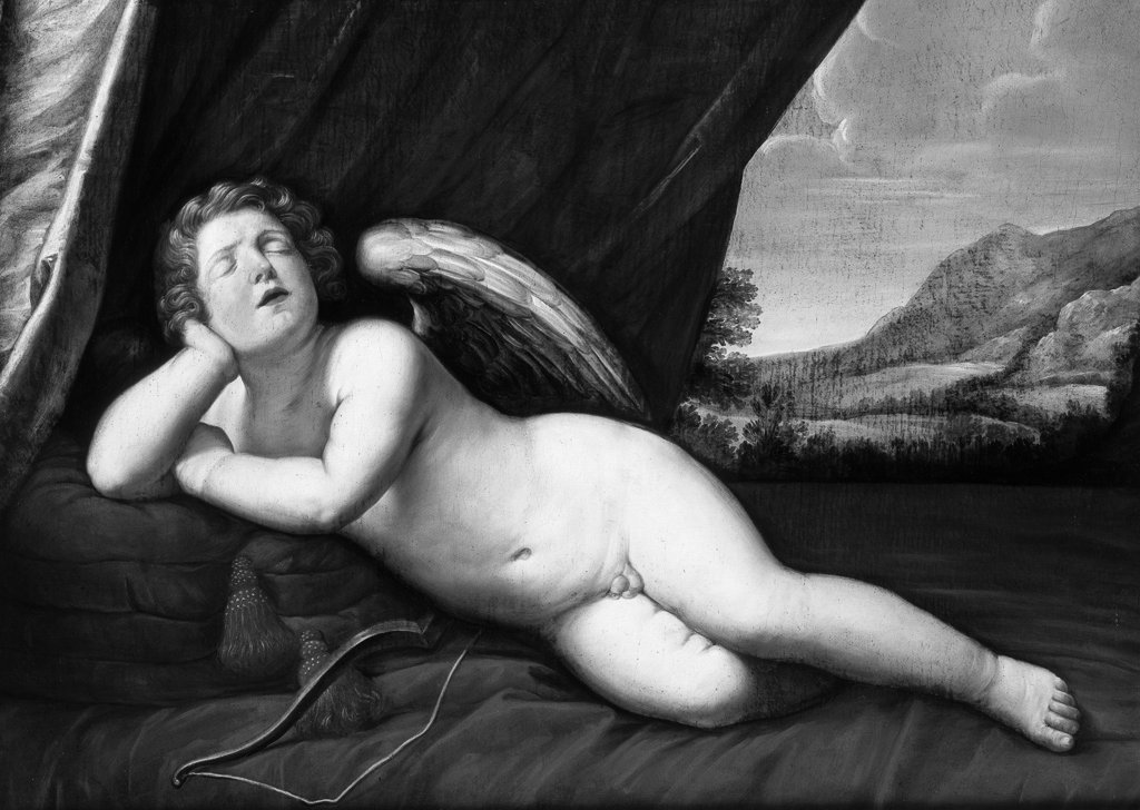 putto alato con faretra (dipinto, opera isolata) di Reni Guido (maniera) (metà sec. XVII)